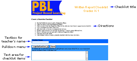 reduced image of the PBL checklist-maker page, shows title, directions (blurred), pulldown menu area, and text box area